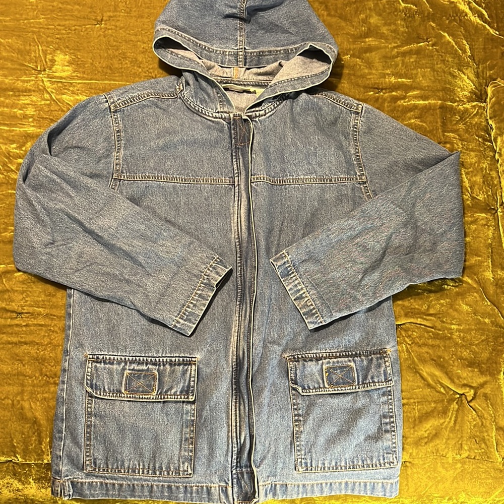 VTG Bill Blass 90’s Denim Oversized Cotton Anthropologie -ish Hood Chore Coat S